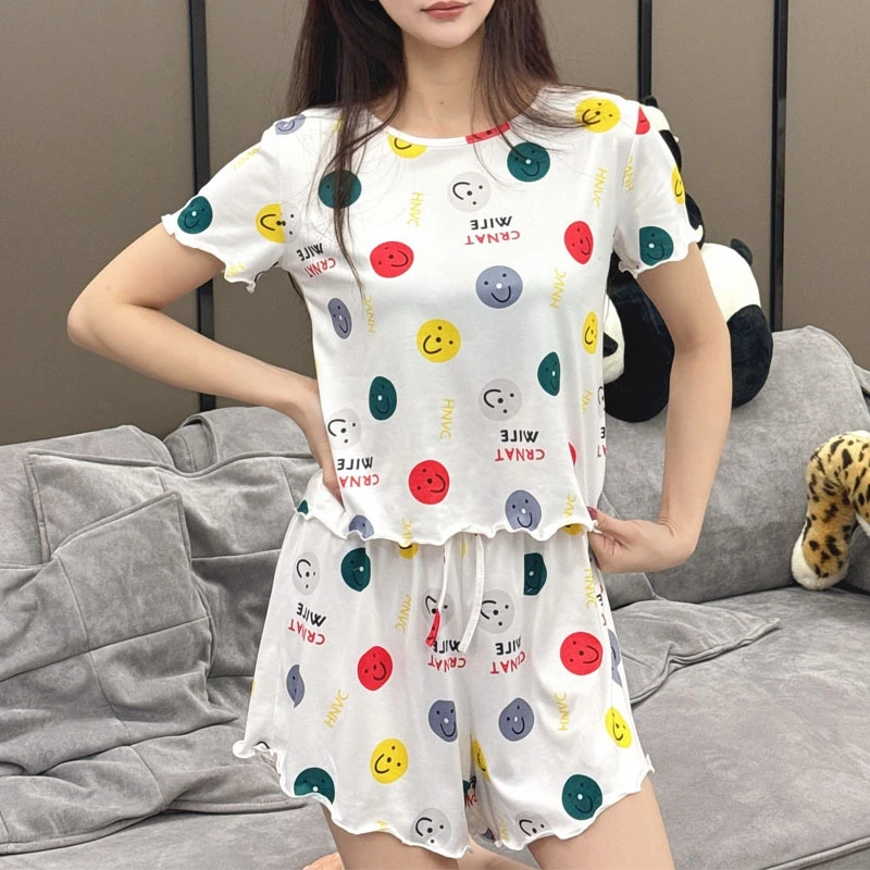 Cozy Smiling Face Print Pajama Set Short Sleeve Top And Elastic Shorts Casual Relaxed Fit Women's Summer Sleepwear Loungewear