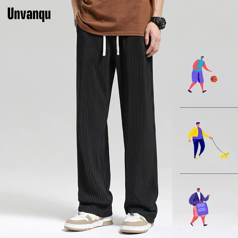 UNVANQU 100% Polyester Men's Spring Autumn Casual Jogger High Street All Match Design Trendy Wide Striped Cloth Trousers Workout