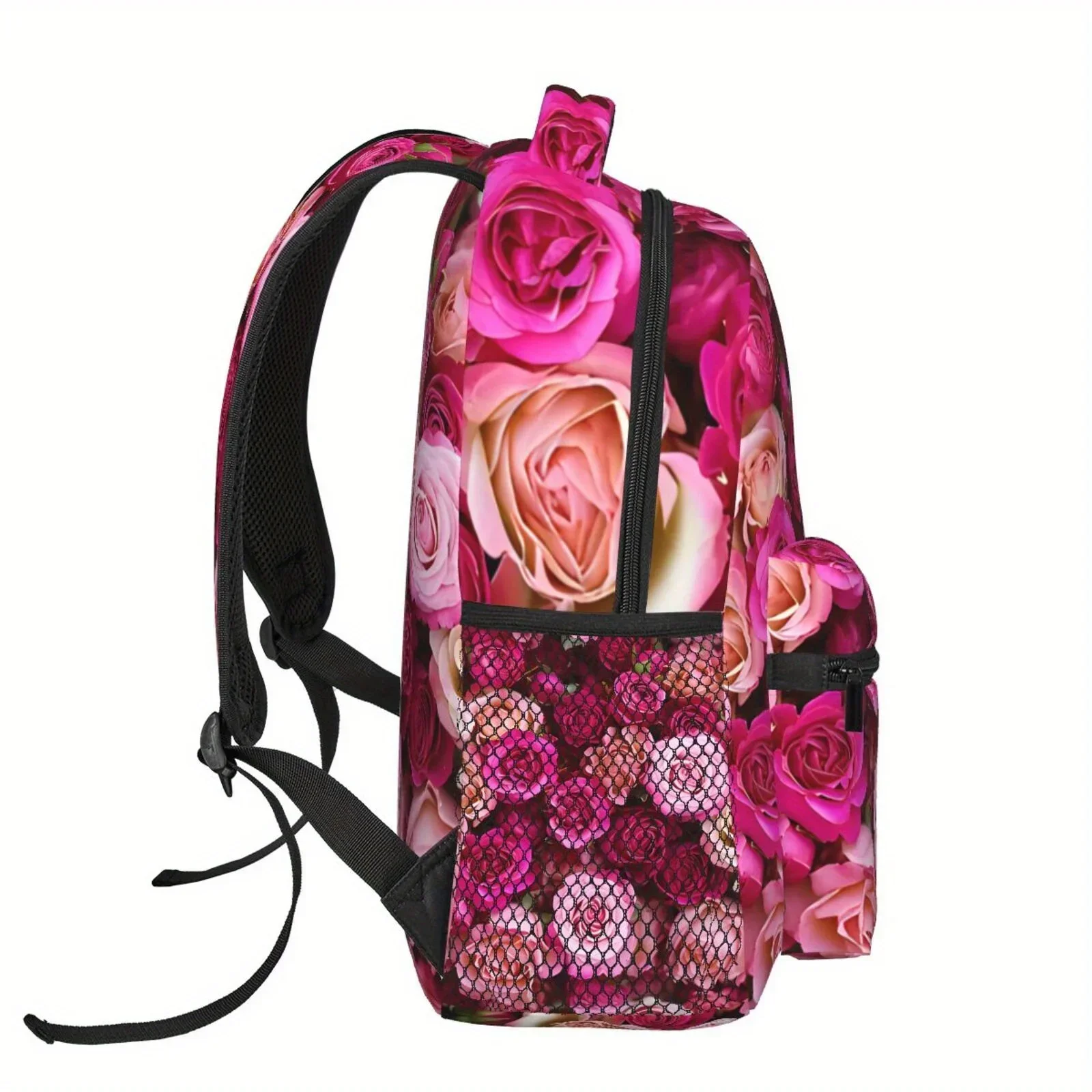 Custom Bag 1pc Rose Theme Semi-Full Printed Large Capacity Backpack, Lightweight Durable Polyester Fiber Leisure Backpack, Lapto
