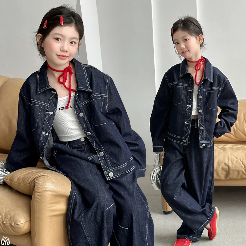 autumn teenagers girls clothes jeanswear denim jacket wide leg jeans 2pcs junior kids clothing sets vetement enfant fille suit