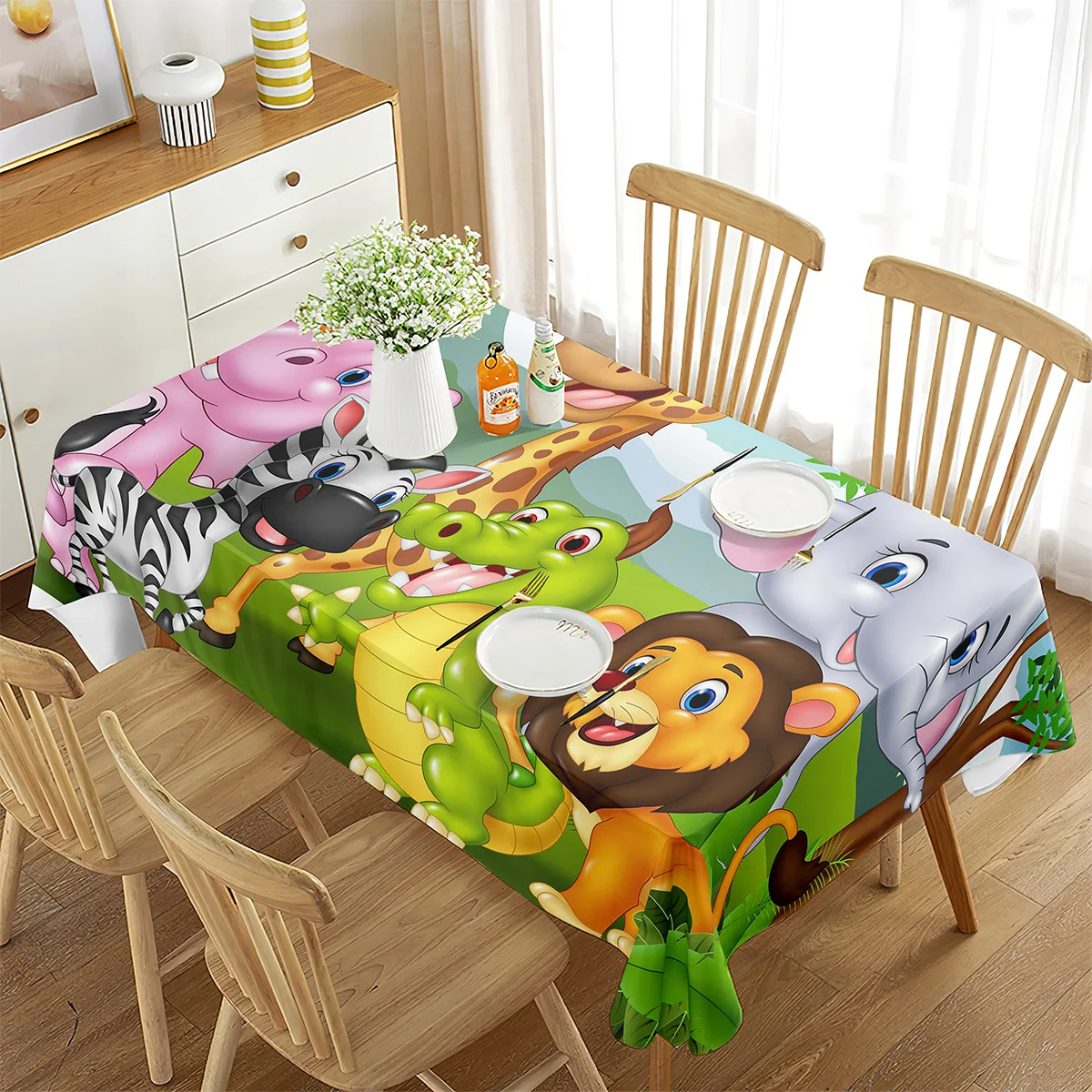 

Zoo Tablecloth Happy Zoo Elephant Zebra Monkey Animals for Rectangle Tablecloth for Home Decor Living Room Dining Room Kitchen