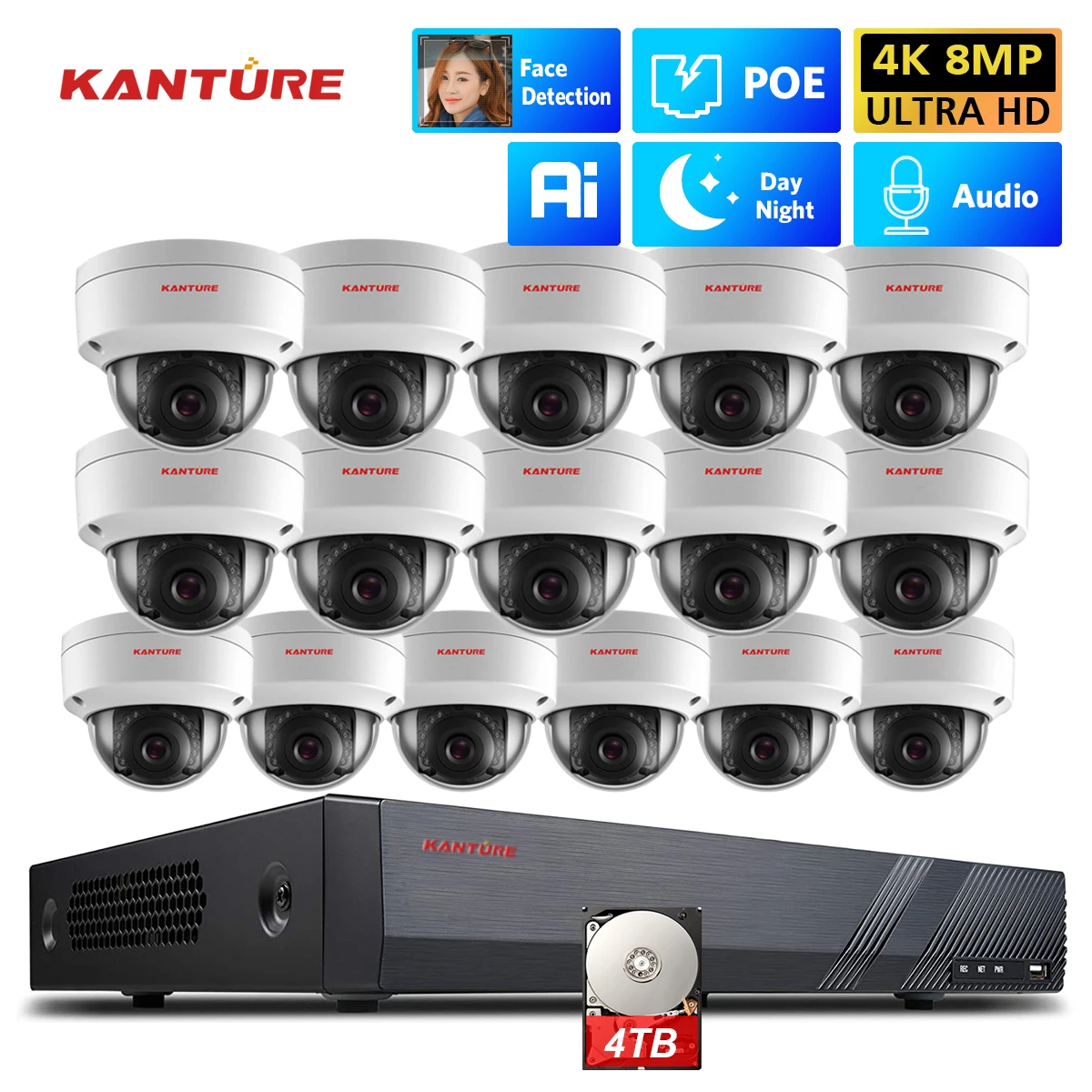 XMEYE 16CH CCTV 4K Ai Face Detect Security Camera Audio Record Indoor Outdoor Dome Waterproof Camera Video Surveillance Set P2P