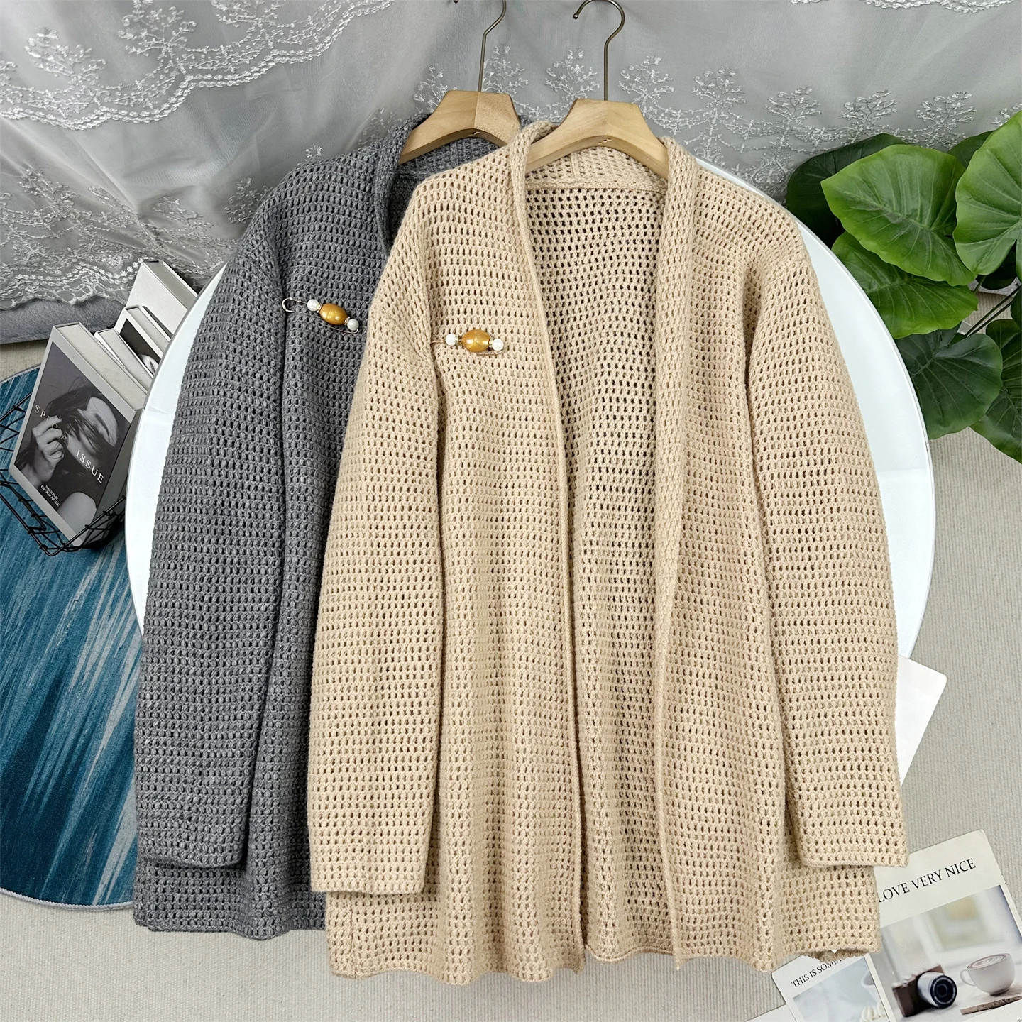

Элегантный вязаный кардиган с ажурным узором для женщин, свободный крой, простой стиль, осенняя новинка, модный свитер с длинными рукавами