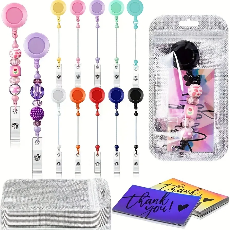 DIY Beaded Retractable Badge Reel Clip Kit Colorful ID Badge Holder with Resealable Pouches Thank You Cards, Craft Making Gift