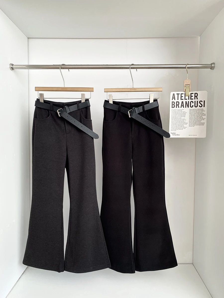 

Новые зимние женские брюки 2025 года в корейском стиле: модные, однотонные, на флисовой подкладке, повседневные, с высокой талией, расклешенные, для стройности фигуры