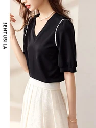 SENTUBILA Simple Light Black Summer T Shirt Women 2024 Elegant V Neck Straight Knitting T-shirts Short Sleeve Tops