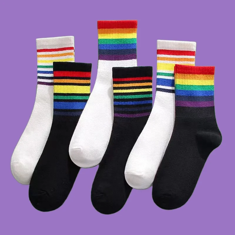 6/12 Pairs Rainbow Socks Women's Mid-Tube Socks Street Striped Sports Socks Cotton Socks Breathable All-match