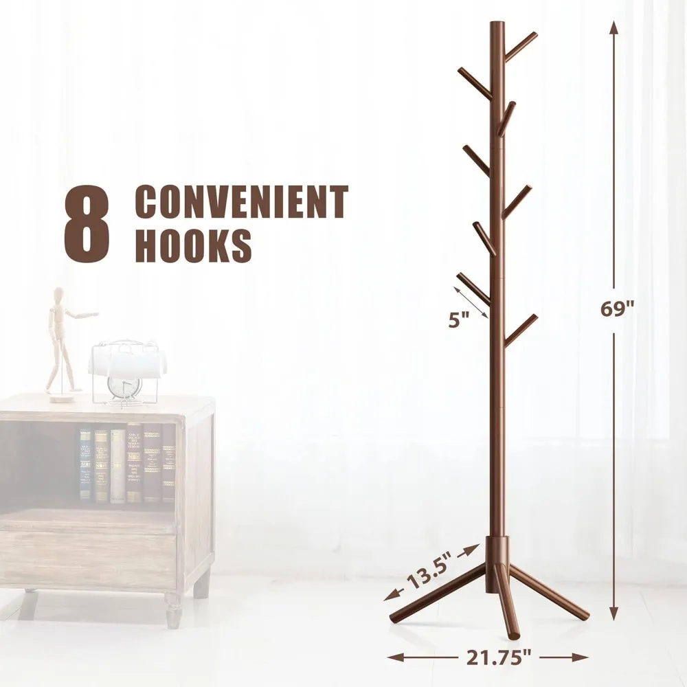 Wooden Coat Rack Stand with 8 Hooks New Zealand Pine 3 Adjustable Coat Standing Tree Easy Assembly for Coats, Hats, S