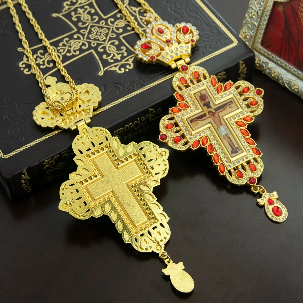 HTISOK Orthodox Cross Pendant Gold Plated Jesus Crucifix Cross with Gemstone Sacred Jewelry Baptism for Religious Decor & Gift