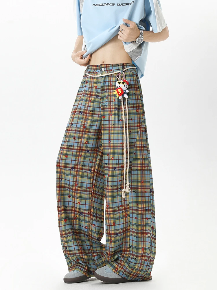 

Vintage Plaid Pants Straight Leg Wide Leg Thin Summer Casual Pants Women's Lazy Sle Trousers Youthful Energy Faion