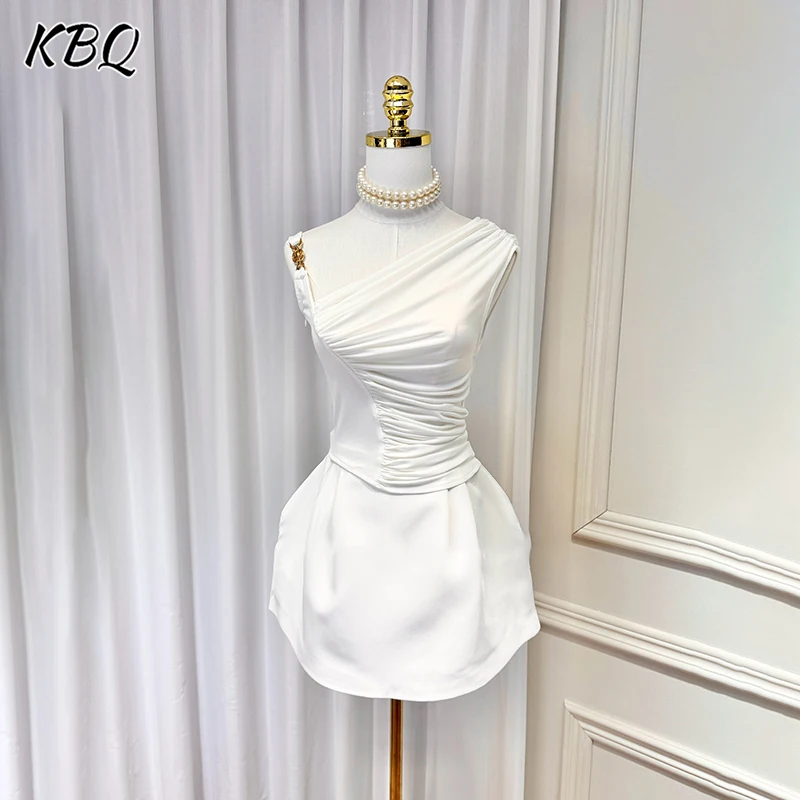 

KBQ однотонные тонкие комплекты из двух предметов для женщин, туника без бретелек с открытой спиной, топы с высокой талией, юбки трапециевидной формы, комплект со складками, женская мода