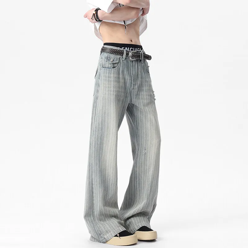 WTHT Fashion Men's Striped Gradient Heavy Industy Denim Pants Trendy 2025 Summer High-waisted Loose Wide Leg Jeans Male 2A0509