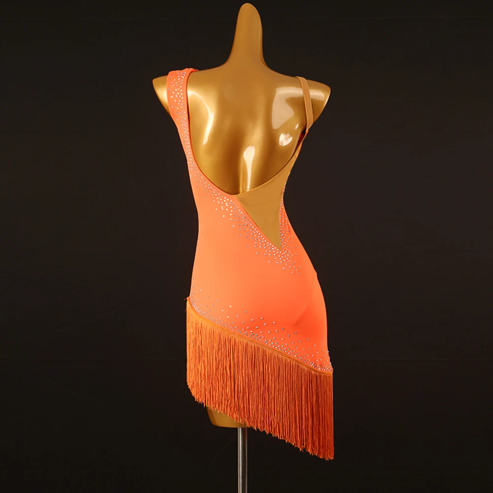 Pomarańczowy kostium do tańca latynoskiego Damski frędzel Rhinestone Fioletowy Backless Tango Sukienka Bez rękawów Pasek Samba Czarny Nowa scena