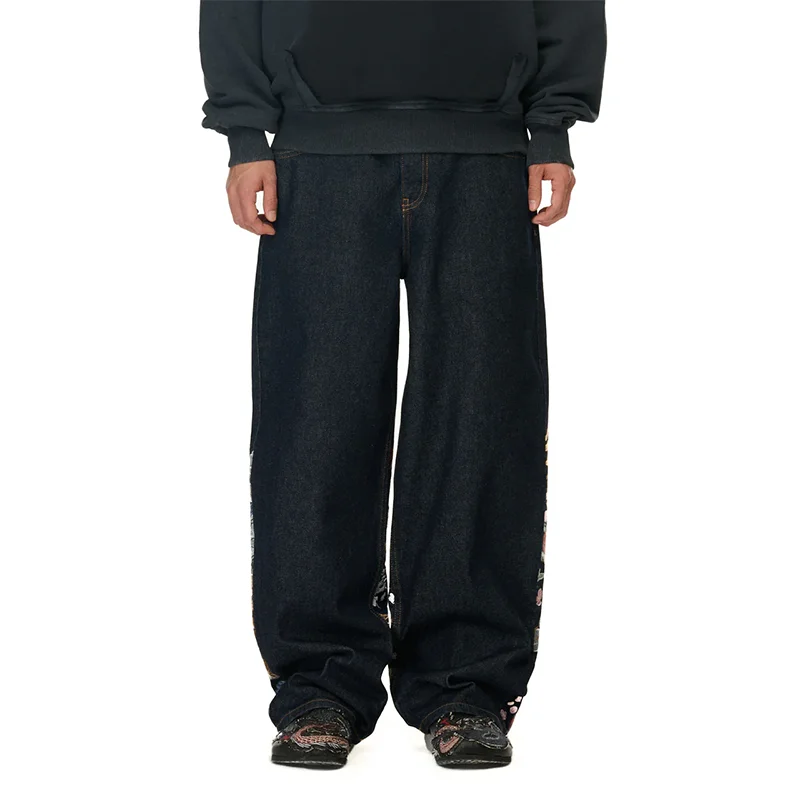 Y2K موضة الاتجاه الجينز التقليدية الصينية الأسطورية الوحوش التطريز عالية الخصر فضفاض الجينز الهيب هوب الرجال النساء الرجعية الشارع الشهير