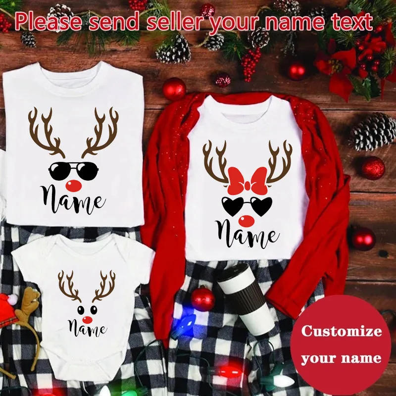 Reindeer Christmas Shirts Custom Name Family Matching Christmas T-Shirt Personalized Holiday Xmas New Year\'s Family Look Outfits