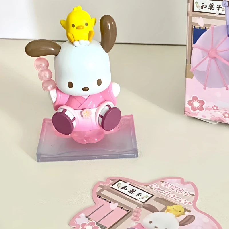 Genuíno sanrio flor e wagashi série caixa cega kuromi cinnamoroll melodia pocahcco pompompurin estatueta de ação presentes de natal