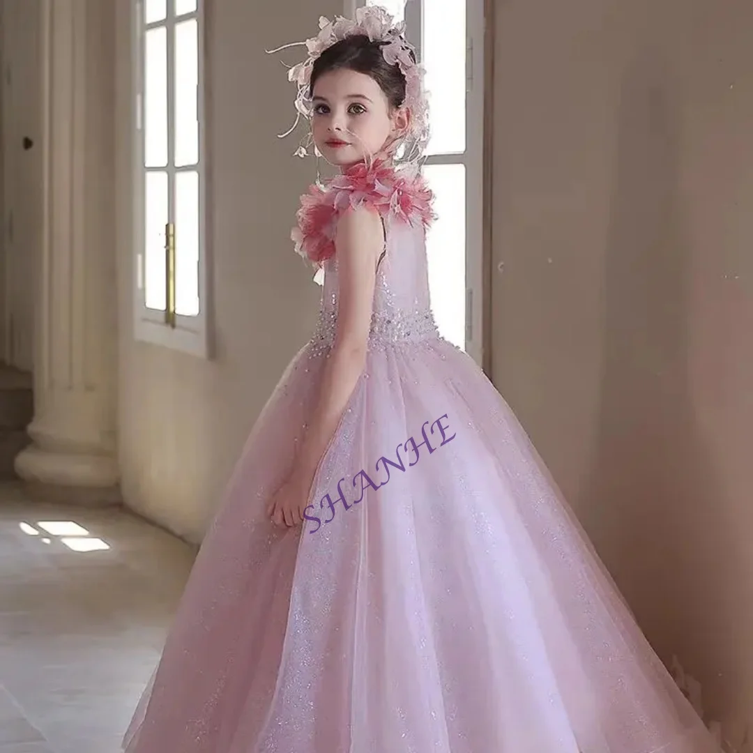 

CustomizedPink Flower Girl Dress Flowers Long Princess Children Wedding Birthday Party Pageant Formal Gown
