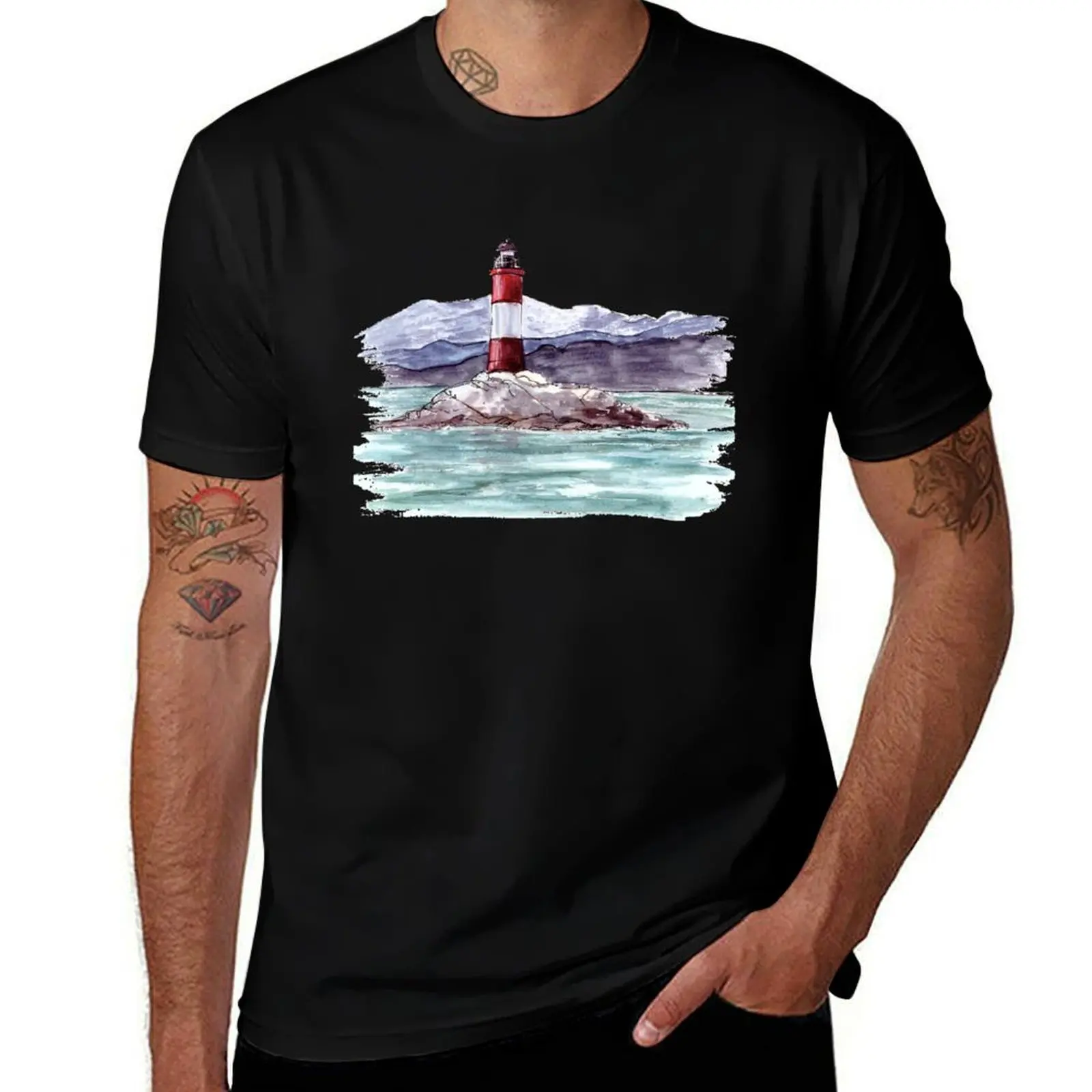 Argentina landscape Les Eclaireurs Lighthouse Beagle channel near Ushuaia Watercolor illustration hand painted T-Shirt