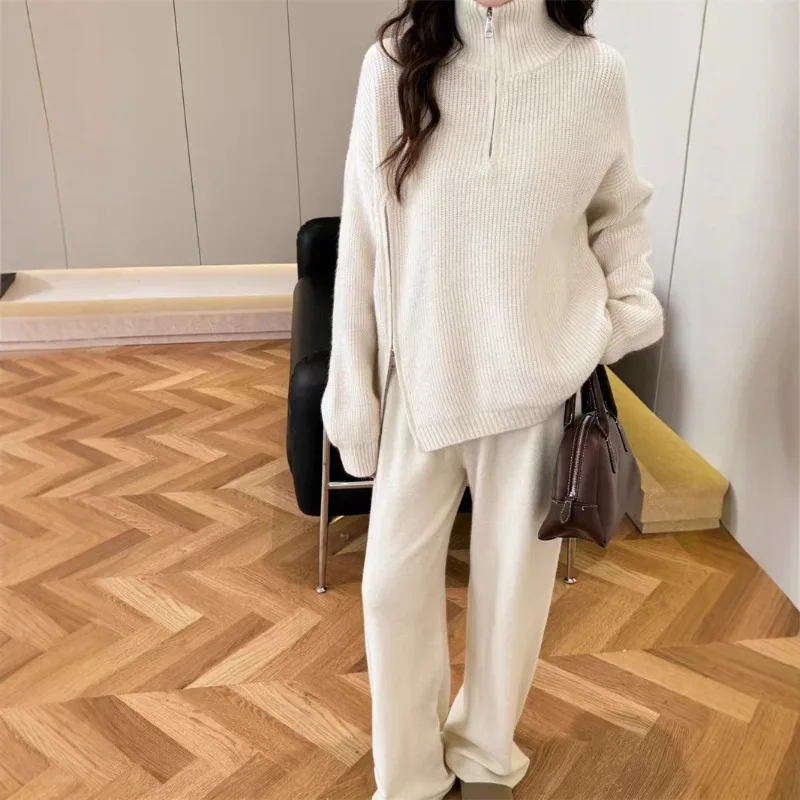 

Повседневный свободный шикарный однотонный вязаный свитер на молнии с длинным рукавом + брюки с эластичной резинкой на талии, комплект из 2 предметов, зимний женский костюм, новый корейский