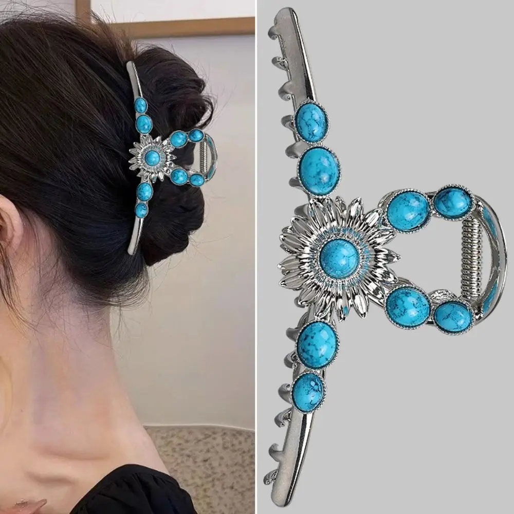 Elegant Silver Hair Clip Turquoise Blue Stone Hair Claw Sun Metal Hair Pin