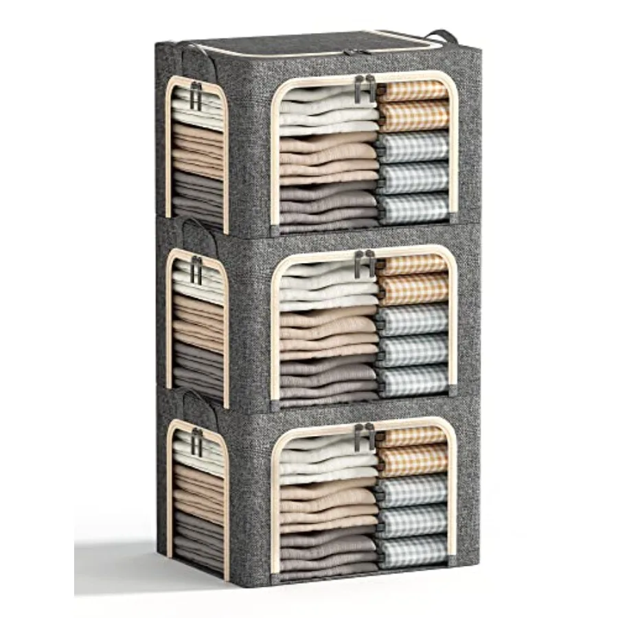 

3 Openings Clothes Storage Bins with Metal Frame, Foldable Storage Bin for Clothes, Clothing Storage Bins with Lid, Linen Stora