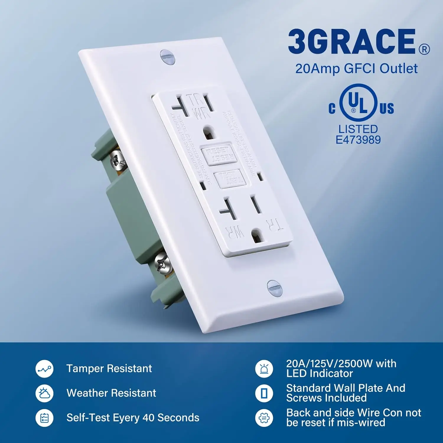 20 Amp GFCI Outlet, Tamper-Resistant,  LED Indicator with Decor Wall Plates and Screws，UL Listed, White