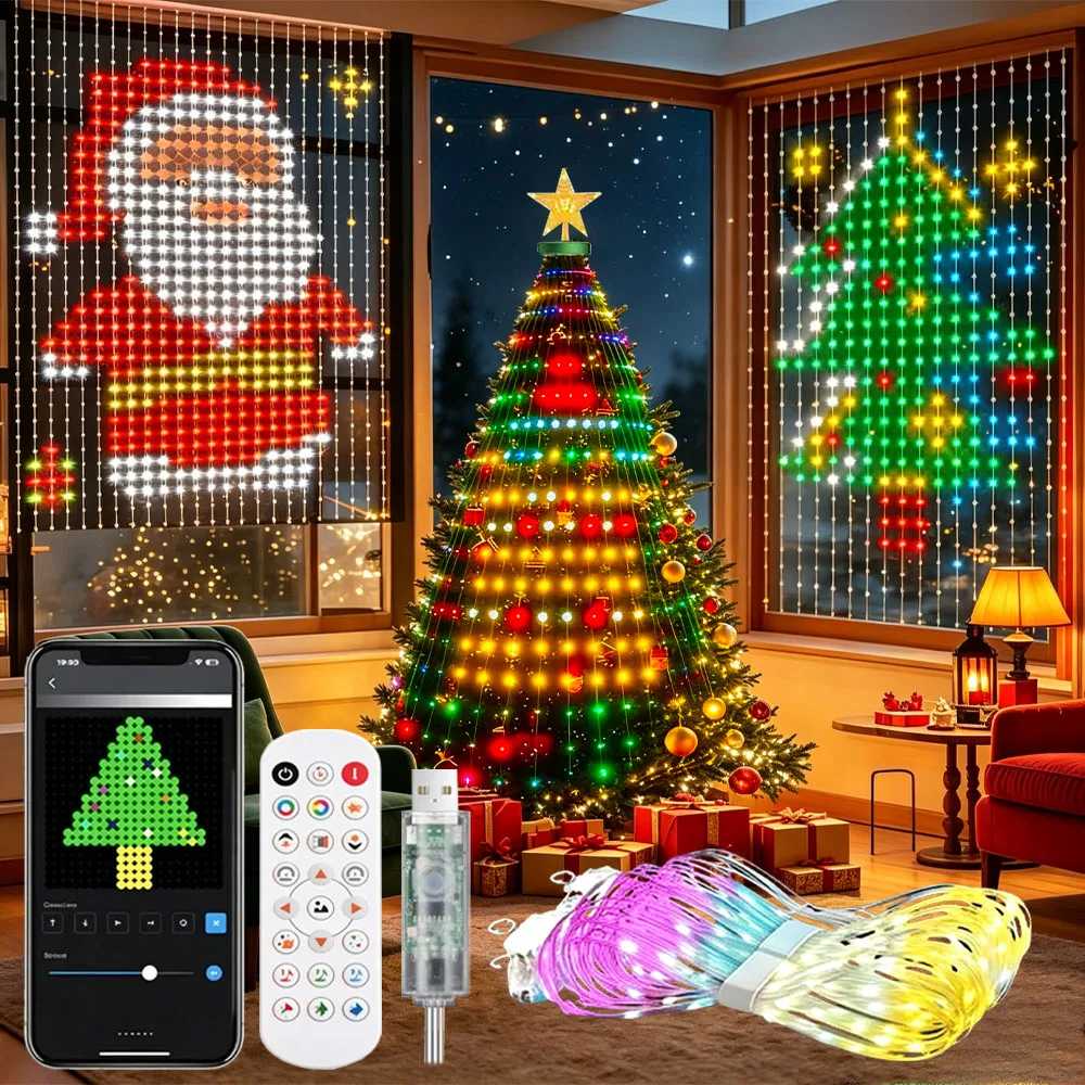 1/2PCS Smart LED Curtain Lights LED Fairy Lights App Control Music Sync DIY Pattern Waterproof for Indoor Outdoor Party Decor