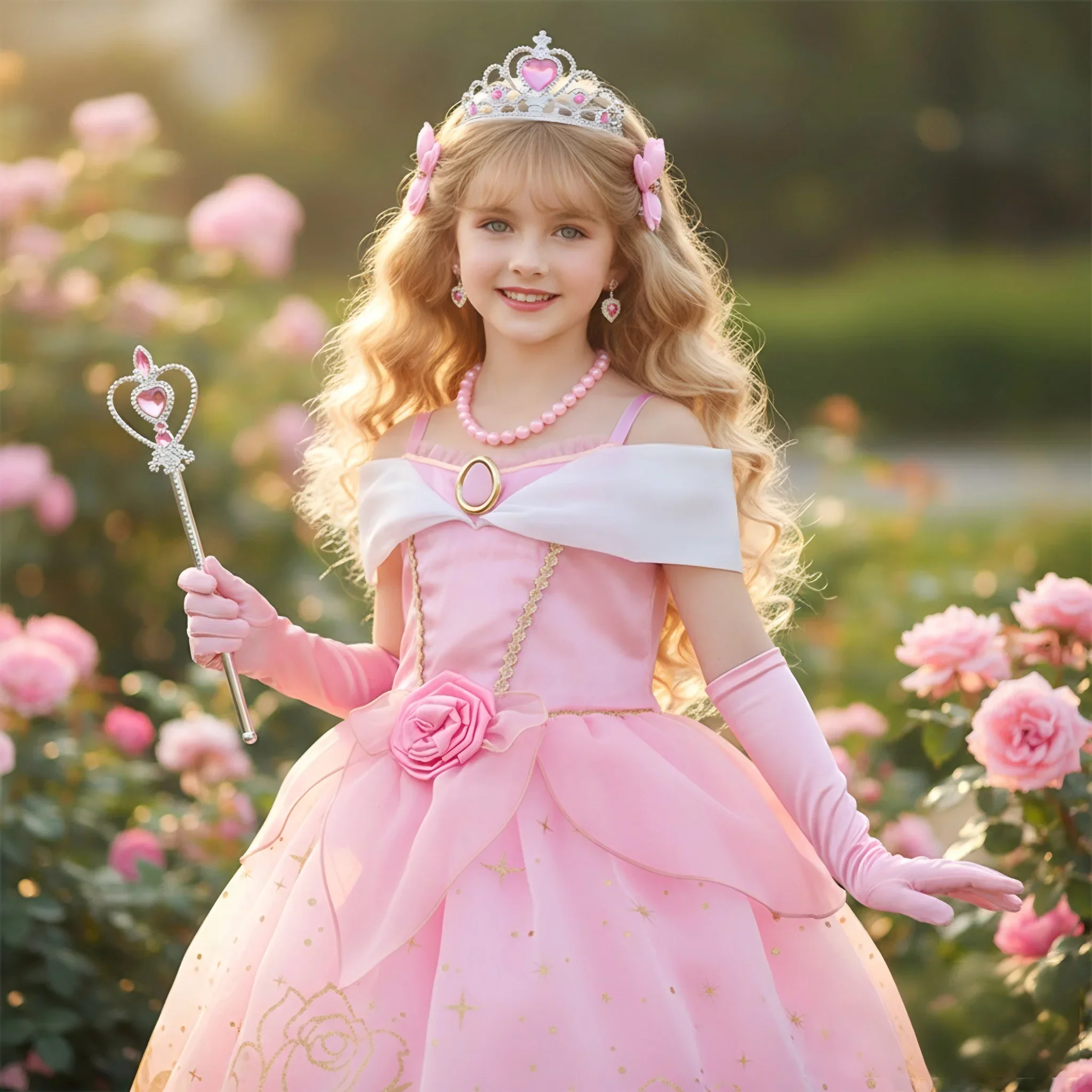 Mädchen Spaghetti-Träger Aurora Cosplay Kleid Set Dornröschen Kostüm für Geburtstag Halloween Karneval Party – Detail 2