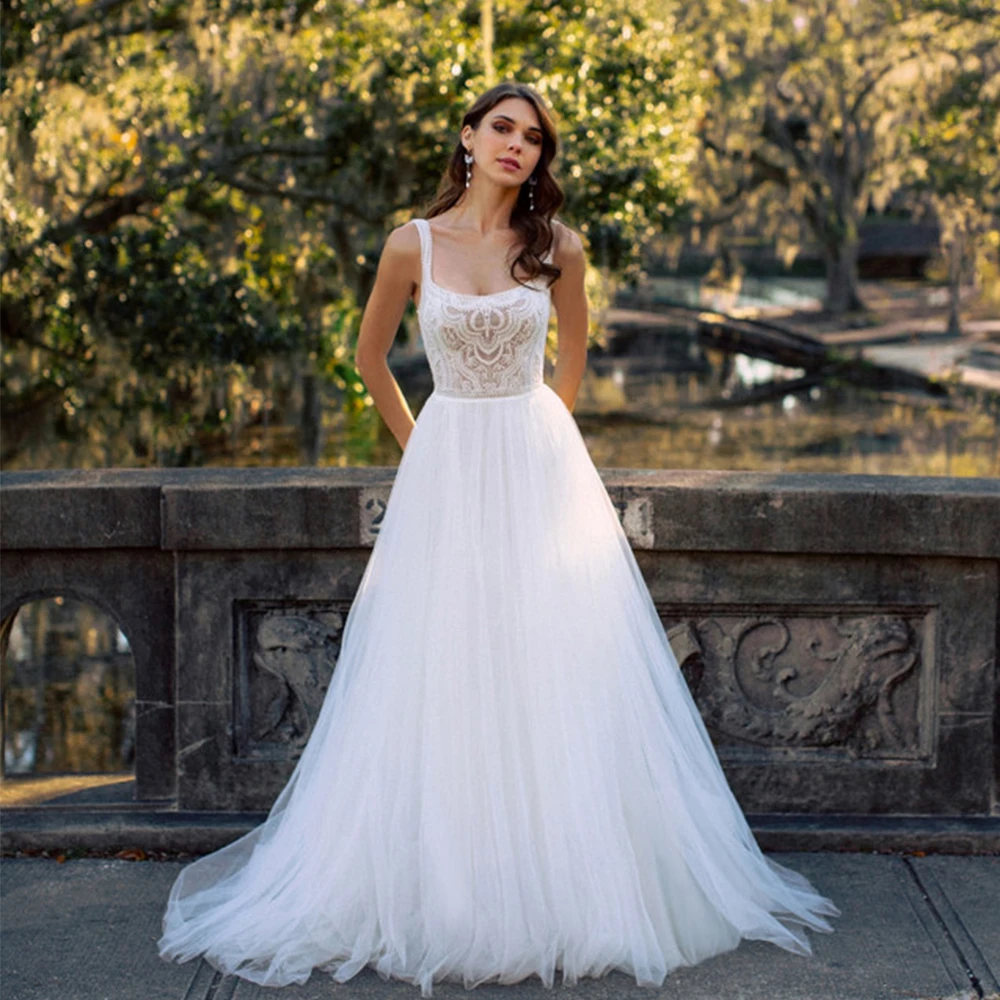 

Свадебное платье в стиле бохо без рукавов, с открытой спиной, А-силуэт, из кружева и фатина, в пол, для пляжной церемонии, для невесты