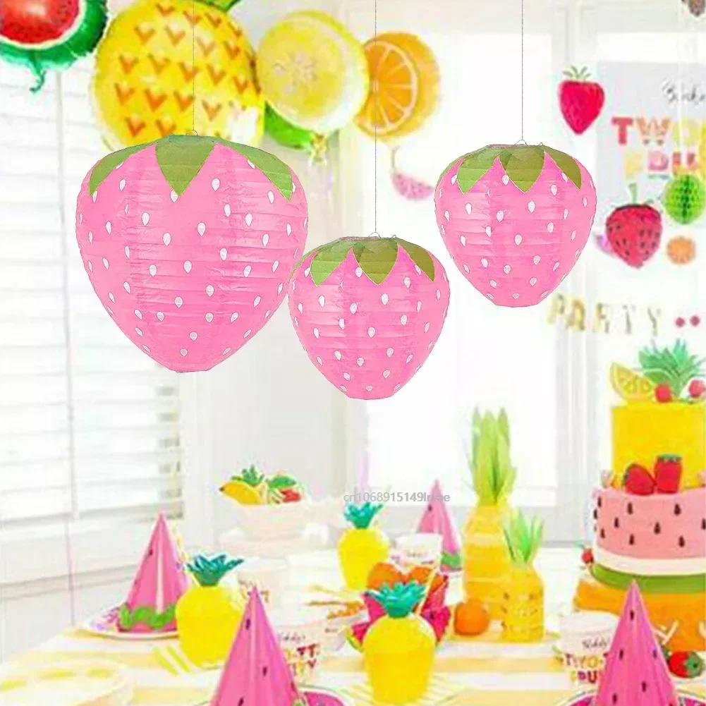 Pink Strawberry Paper Lantern Kid DIY Handheld Paper Lantern Kindergarten Hanging Pendant Happy Sweet Girls Birthday Party Decor