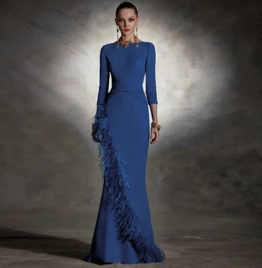 Mother of the Bride Groom Dress Wedding Guests Evening Prom Feather Blue O-Neck Backless Mermaid Trumpet