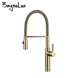 Brushed Gold Swivel Kitchen Sink Faucet Pull Out Sprayer Single Handle Mixer Hot And Cold Water Tap