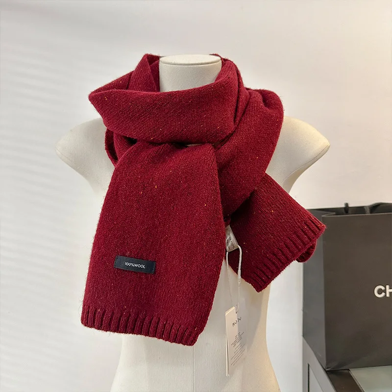 

2026 Christmas dark red women's scarf 100% wool winter scarf woman Korean fashion warm thick knitted neck warmer