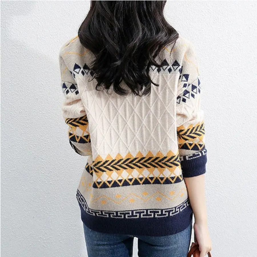 Retro Sweater Women\'s New Autumn and Winter Round Neck Pullover Knitted Sweater Loose Sweater Long Sleeved Women