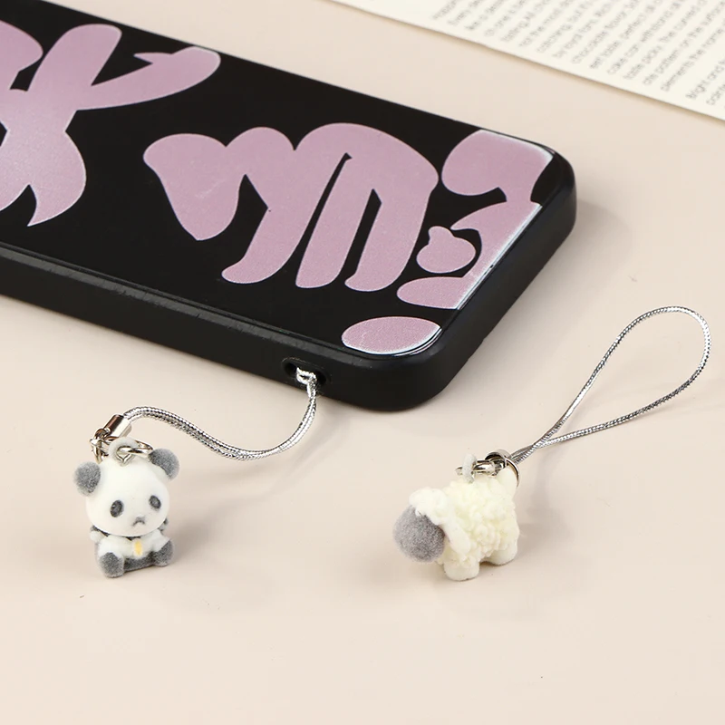 Kawaii Flocking Panda Sheep Cow Phone Lanyard Cute Plush Animal Phone Charm Mobile Phone Strap Keychain Accessories