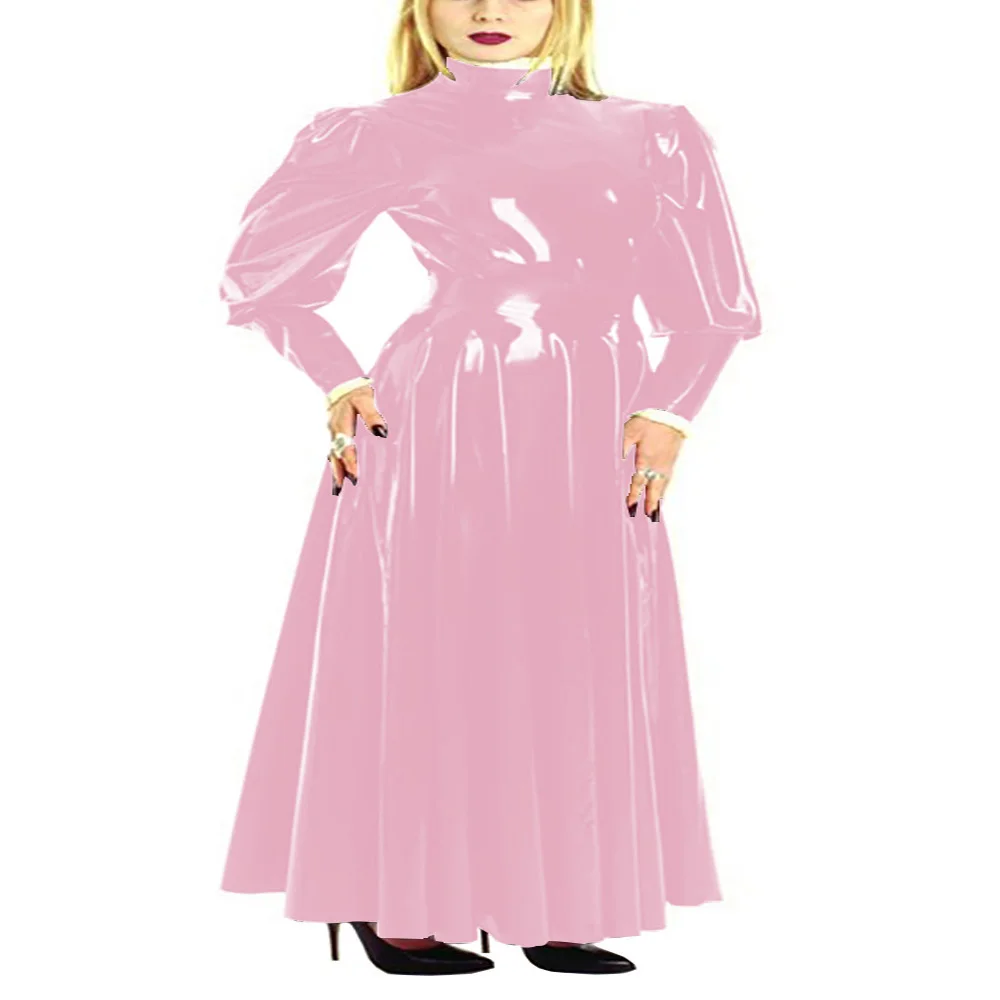 PVC Full Length Mistress Dress, Puff Long Sleeve Skater Dress, Patent Leather, Plus Size, Pleated Maxi, Night Wear, Fashion