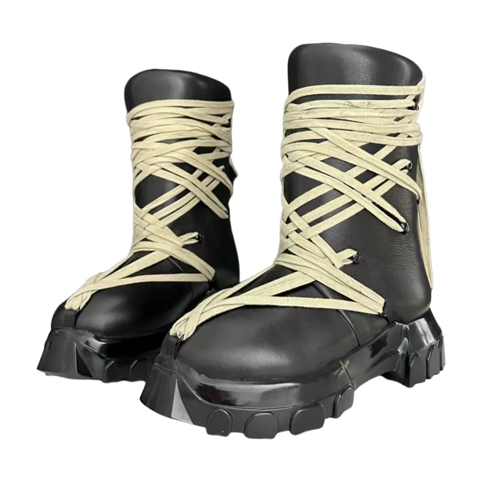 

Men's High Top Platform Motorcycle Shoes Black Lace-Up Leather Luxury Sneakers Designer Male Snow Boots
