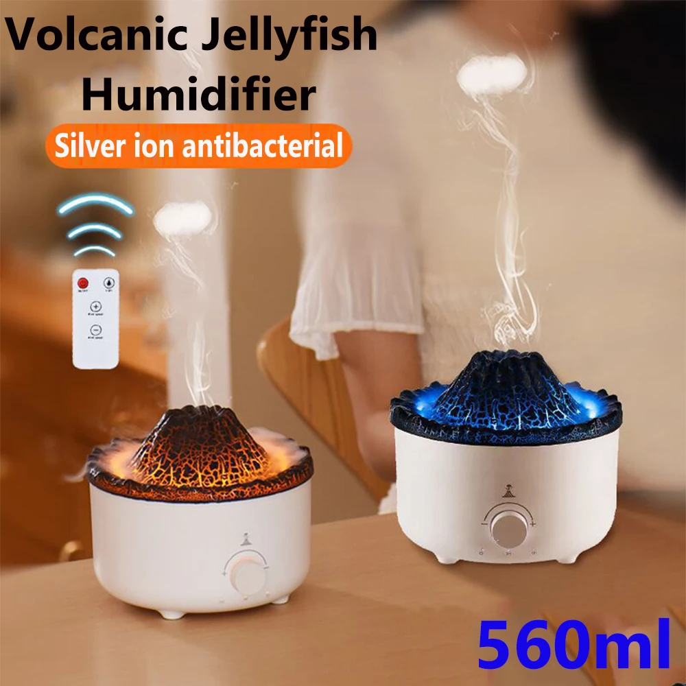 

WHDPETS Volcanic Jellyfish Flame Humidifier Plug Type 560ML Aroma Diffuser Silver Ion Antibacterial With Remote Smoke Ring light