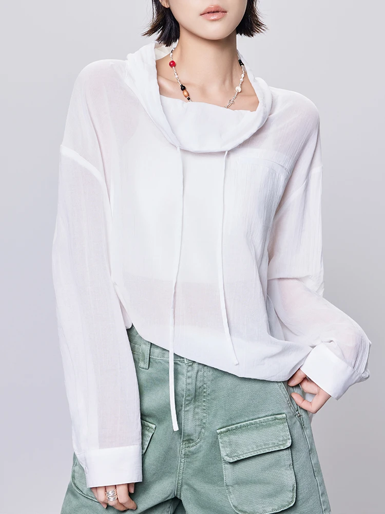 

Meiyang White Fog Casual irt Stand Collar Semi-Transparent Loose Fit Pure Cotton Long Sve Women's Crew Ne Summer irt