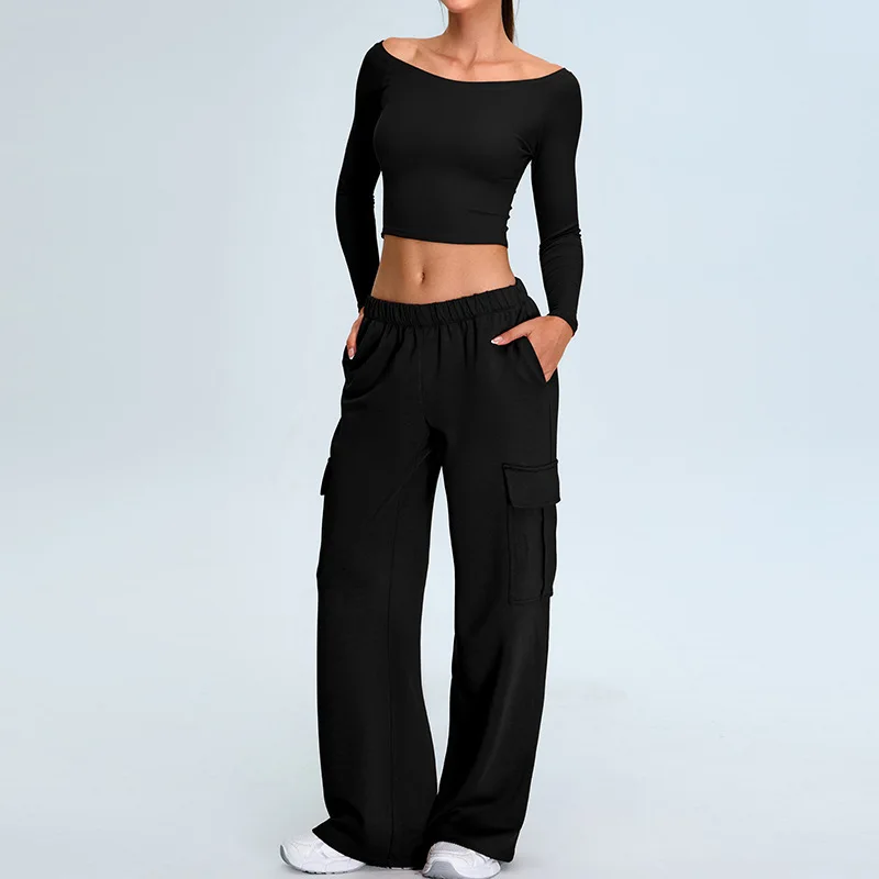 Autumn Winter Women Yoga 2 Pieces Tracksuit Straight Shoulder Long Sleeve Slim Tops +Loose High Waist Straight-leg pants Sets