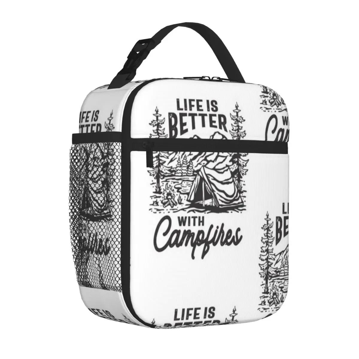 Hot Sale Life Is Better With Campfires Outdoor Adventure Striped Adult Lunch Bag Workplace Meal Canvas Lunch Bag