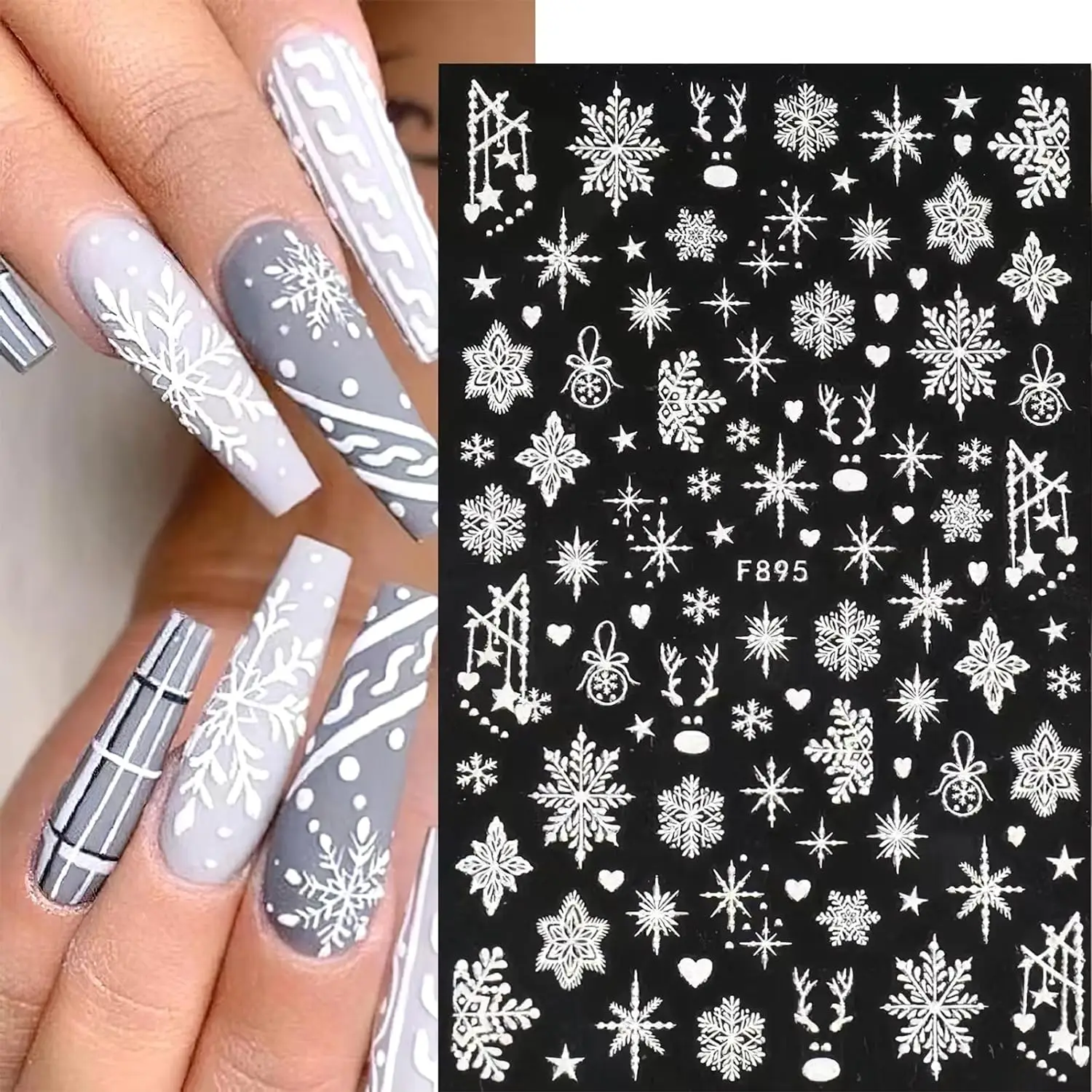 1 Stück Weihnachten weiße Schneeflocke Nail Art Aufkleber Glitzer Schnee Blume/Herz-Liebe/Hirsch Design Aufkleber Weihnachten stark klebende Nagel Patch