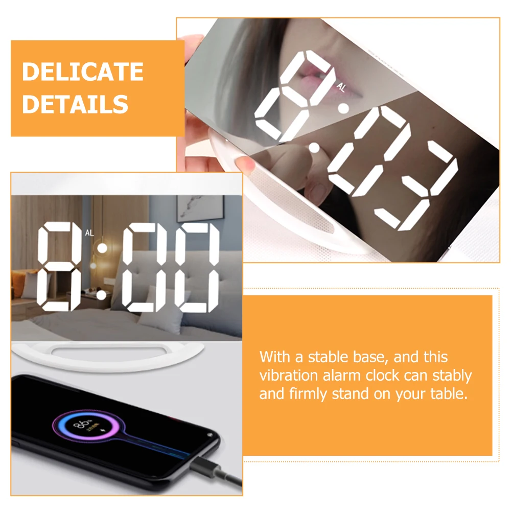 

1 set Digital Vibration Clock Mirror Design Alarm Clocks Bedroom Small Loud Wireless ABS Waterproof Stable Base