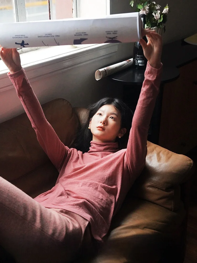 

Женская шерстяная вязаная футболка с длинным рукавом и круглым вырезом, розовая, из мериносовой шерсти, базовый трикотажный топ, модная зимняя коллекция 2023