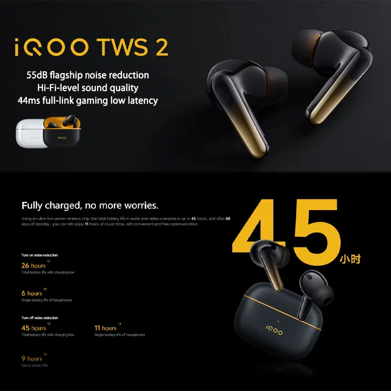 2024 New VIVO iQOO TWS 2 Wireless Bluetooth 5.4 55dB flagship noise reduction | Hi-Fi sound quality | 44ms full-link gaming low