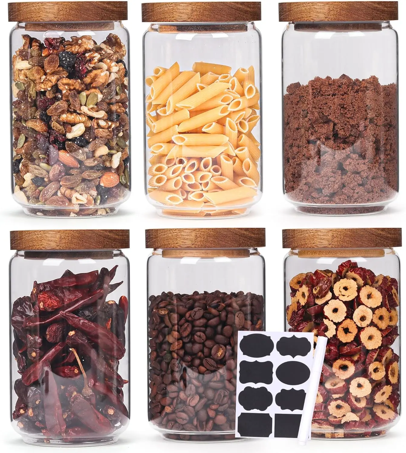 

6 упаковок стеклянных банок для кладовой с деревянными крышками — герметичные кухонные канистры на 23 унции для чая, сахара, кофе, печенья