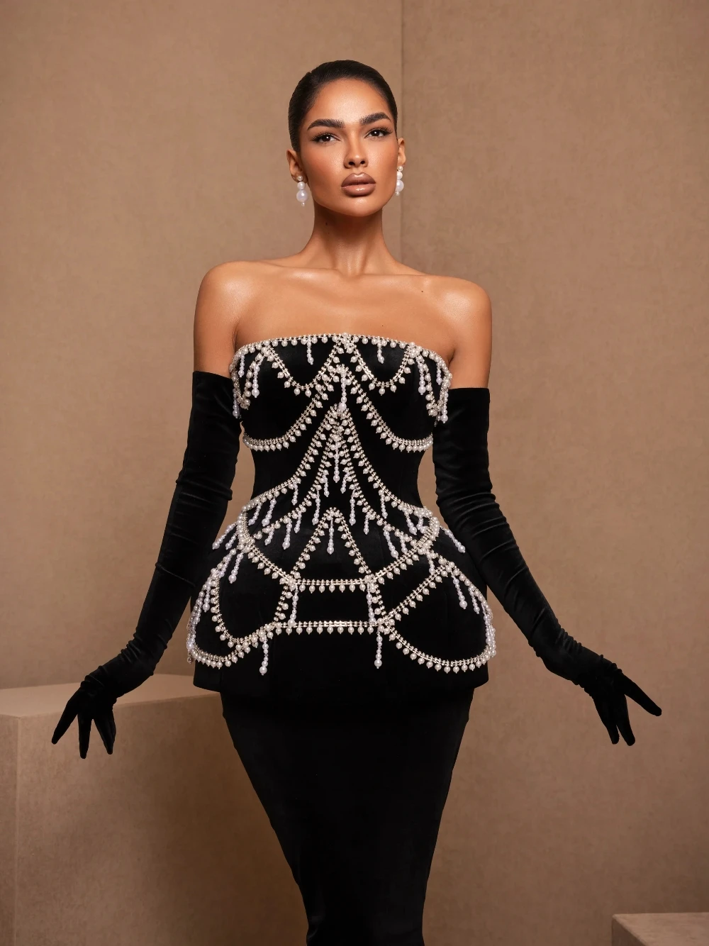 

Black Bodycon Evening Dress Beaded Strapless Corset Customized Prom Gown Graceful Charming Formal Banquet Birthday Party Wear