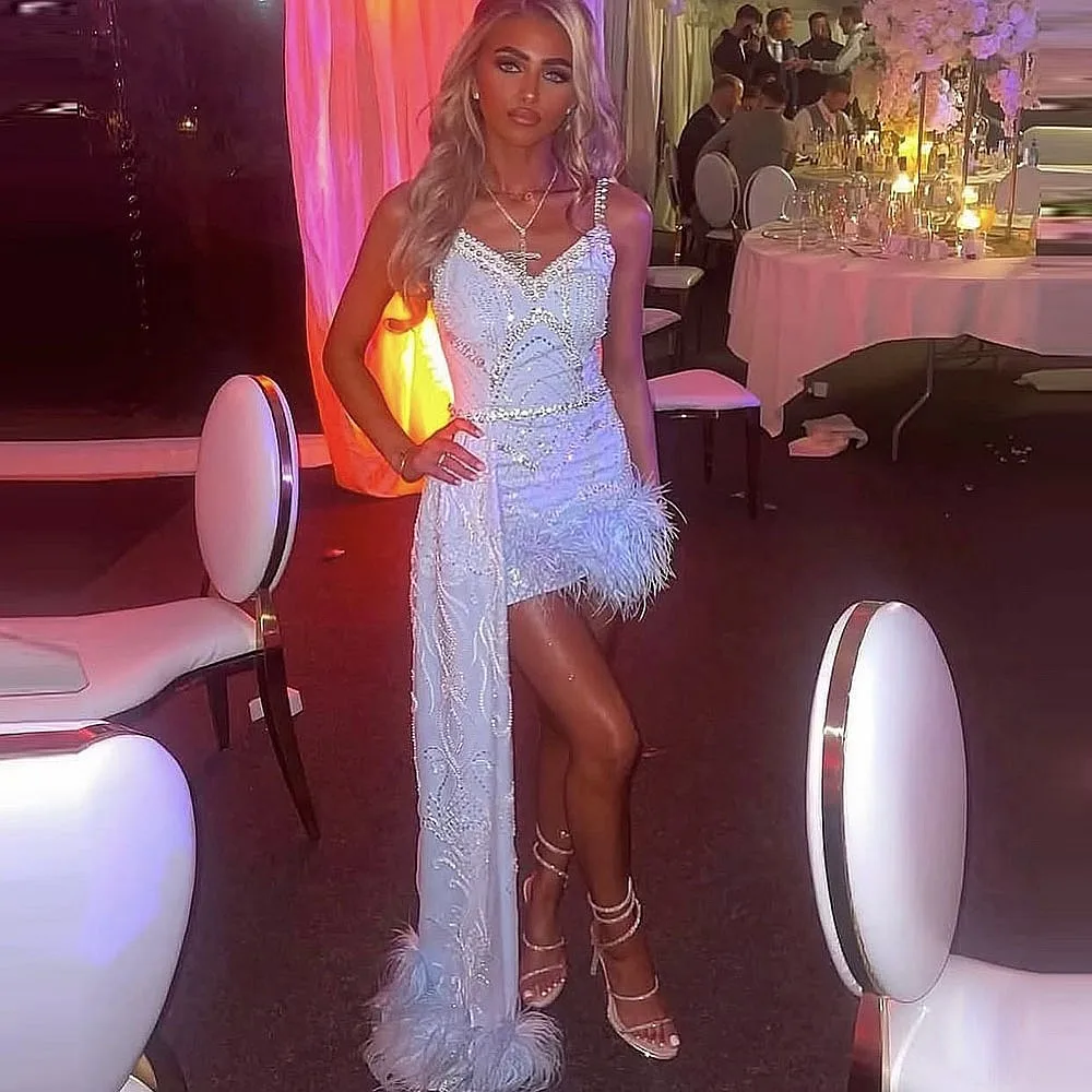

Shiny Lace Mermaid Cocktail Dresses With Spaghetti Straps Beads Side Train Feathers Birthday Dress Women Evening Party Gowns