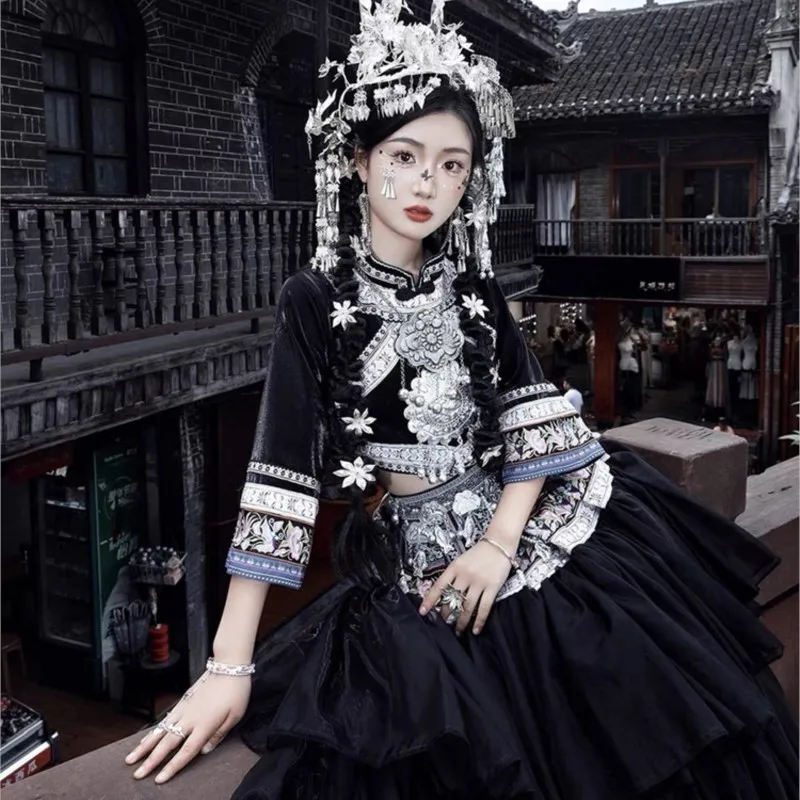 

Embroidery Miao costume female ethnic style studio photo