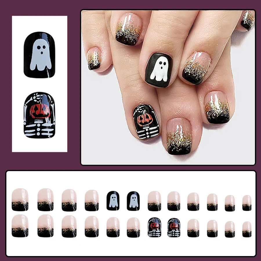 Uñas postizas de larga duración, Uñas postizas ultraflexibles con punta de purpurina para Halloween, decoración DIY